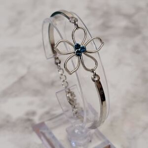Hibiscus Flower Bracelet Blue Rhinestone Silver Tone Metal Floral Boho Tropical‎